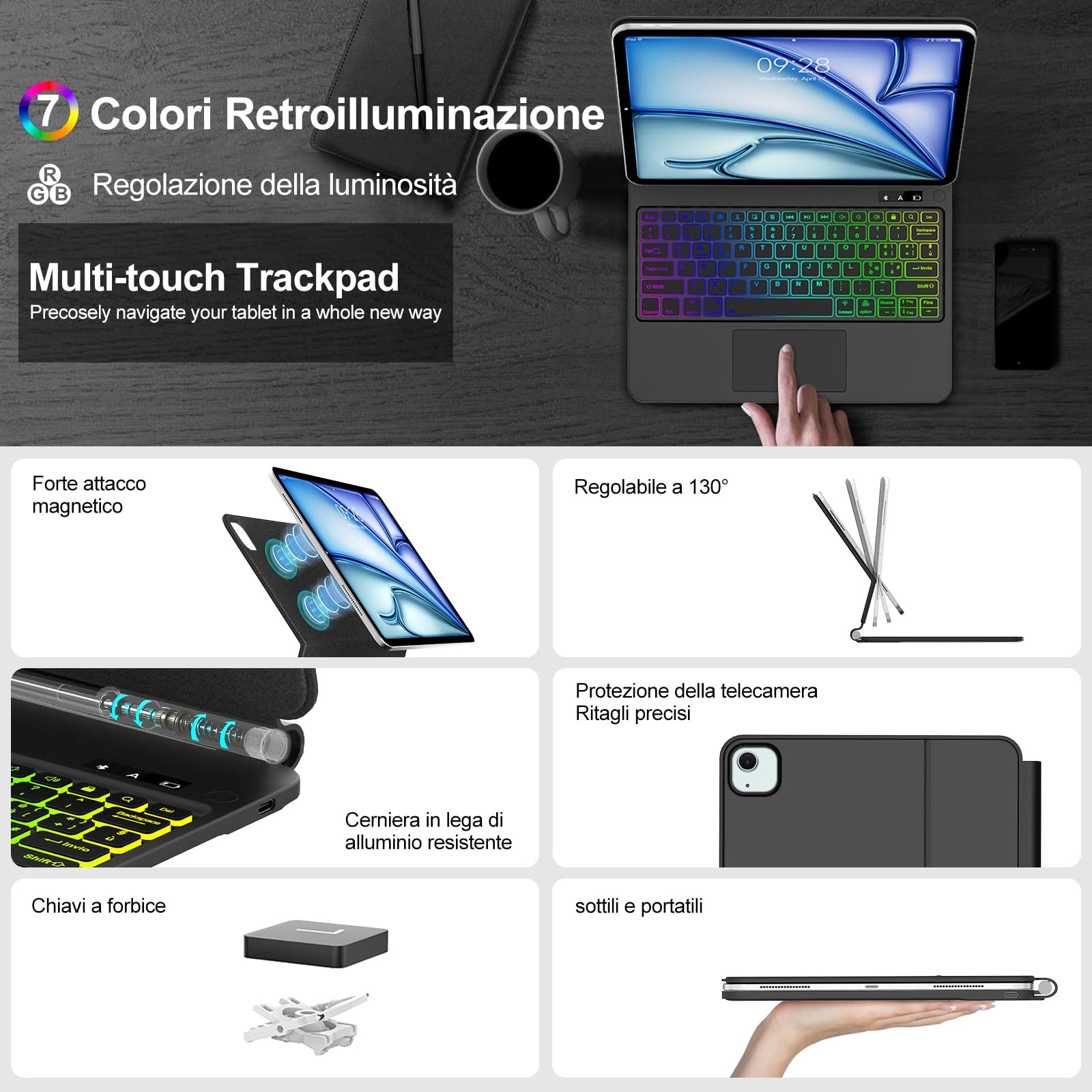 IVEOPPE Tastiera Custodia Magnetica Touchpad per iPad Air 13 13" M4 2026/M3 2025/M2 2024, iPad Pro 12.9 6a/5a/4a/3a Gen, Supporto a Sbalzo Galleggiante, Retroilluminazione a 7 Colori Trackpad, Nero
