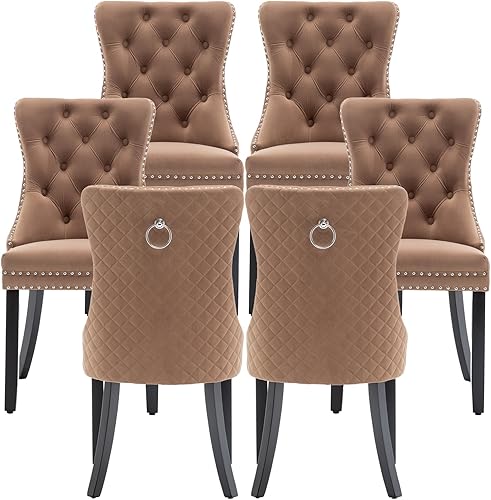 Juego de 6 Sillas de Comedor de Terciopelo Systemkenji, Sillas Tapizadas para Comedor con Adornos de Clavos, Sillas de Cocina de Madera para