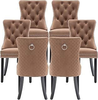 Velvet Dining Chairs Set of 6, Upholstered Dining Room Chairs with Nailhead Trim, Sillas de Comedor Modernas 6, Wooden Kitchen Chairs for Dining Room, Living Room, Kitchen, Bedroom, Brown