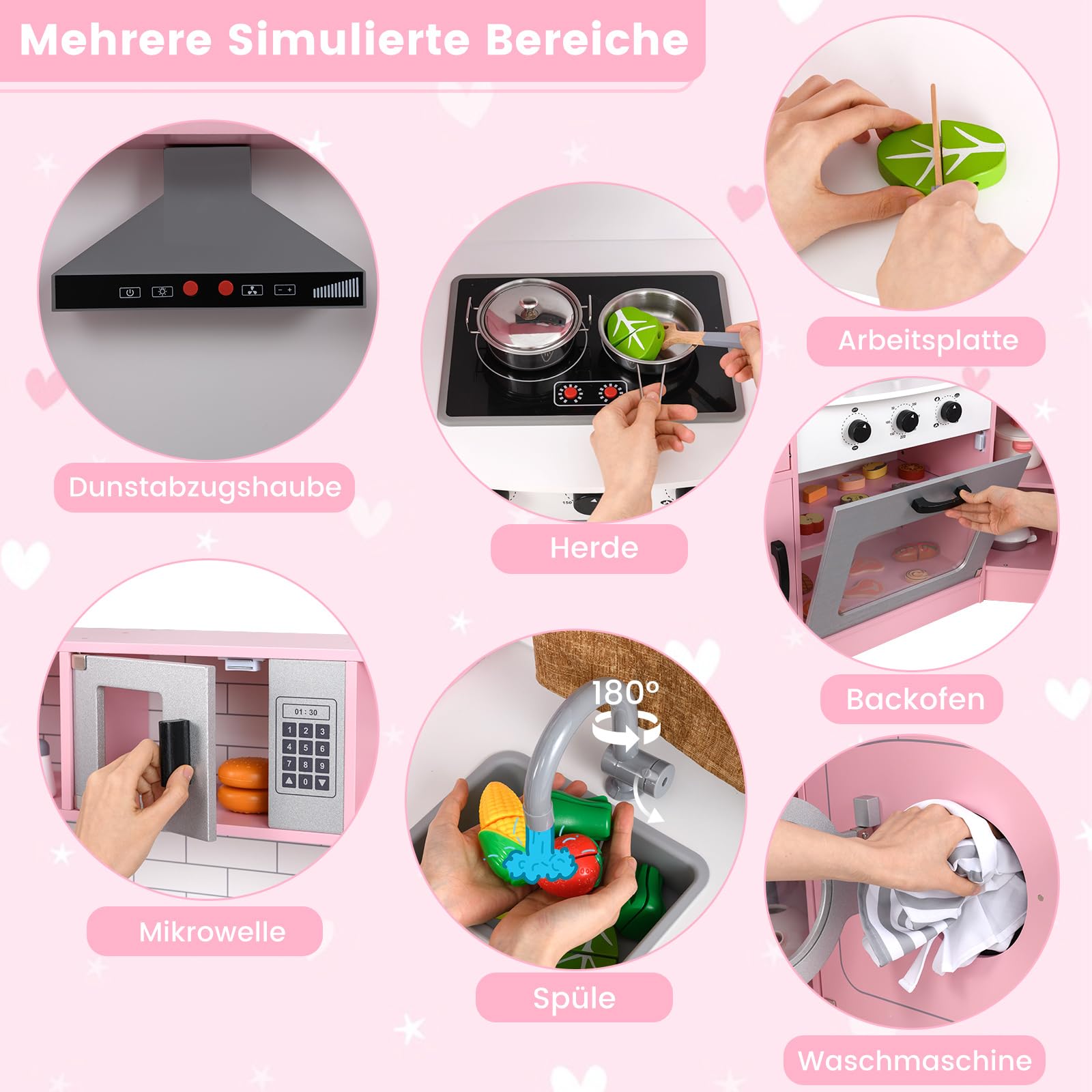 COSTWAY Kinderküche Eck, Spielküche mit Licht & Sound, Kinderspielküche mit Spüle, Eismaschine, Backofen & Kochgeschirr, Holzküche Spielzeugküche für Kinder ab 3 Jahren (Rosa)