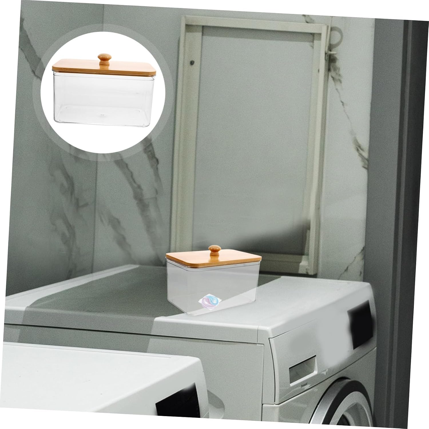 PRETYZOOM Dryer Sheet Holder with Lid Medium Transparent Storage Jar for Laundry and Scent Booster Beads Stylish Bamboo Top Organizer for Laundry Room Accessories