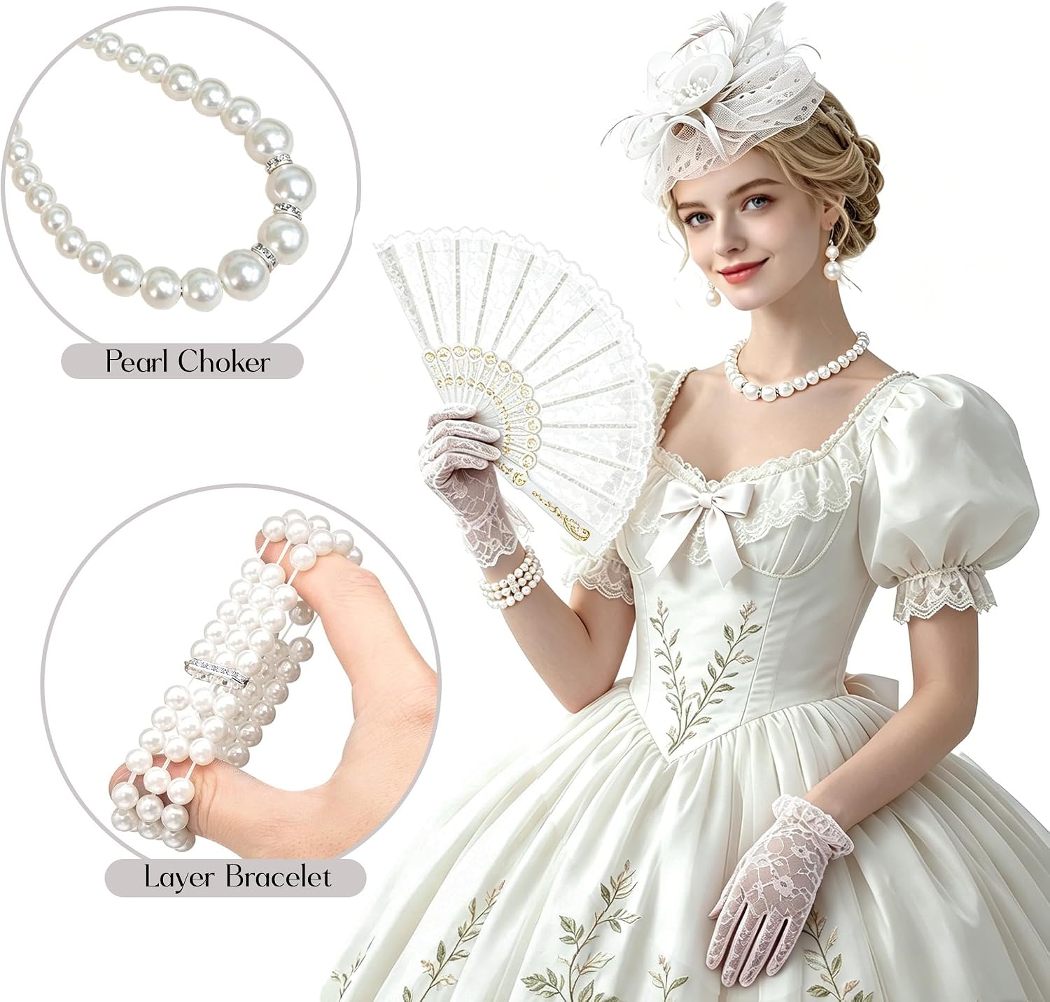 Tea Party Accessories for Women Fascinator Hats Lace Gloves Fan Pearl Set Halloween Cosplay Tea Party Outfit
