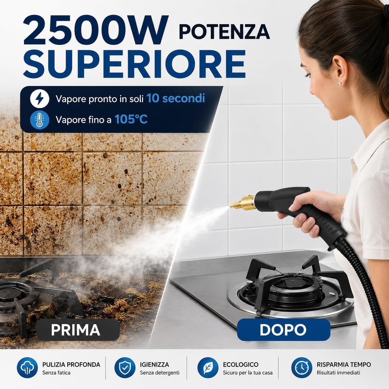 Pulitore a Vapore Portatile 2500W ad Alta Pressione – 6 Velocità Regolabili, Serbatoio 1200 ml, 3 Testine Incluse – Ideale per Casa, Cucina, Bagno, Finestre e Auto