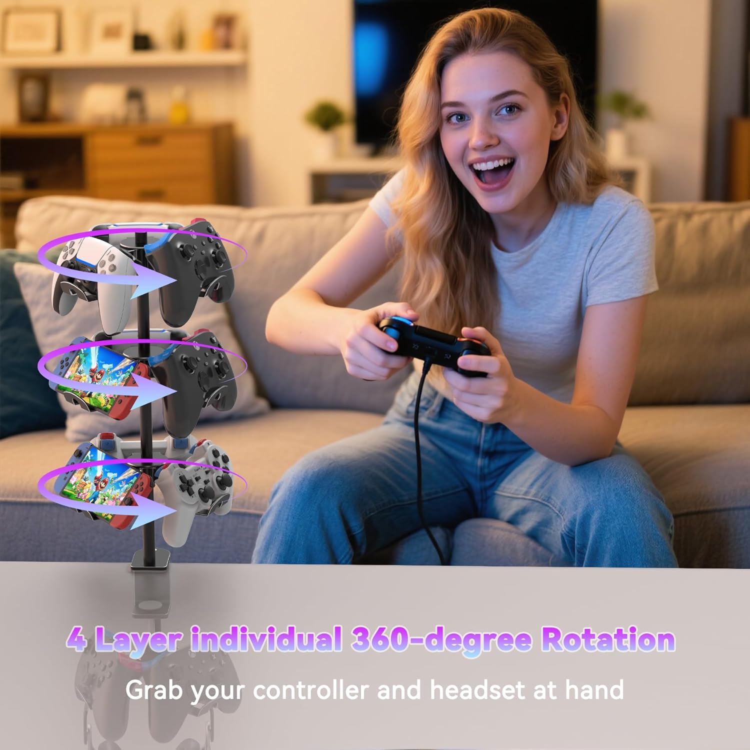 Rotatable 4 Tier Desk Clamp Controller Headset Stand, Universal Under Desk Controller Holder Rack for PS5 Xbox Nintendo Switch PC PS4, Aluminum Gaming Headphone Hanger, Black - Image 5