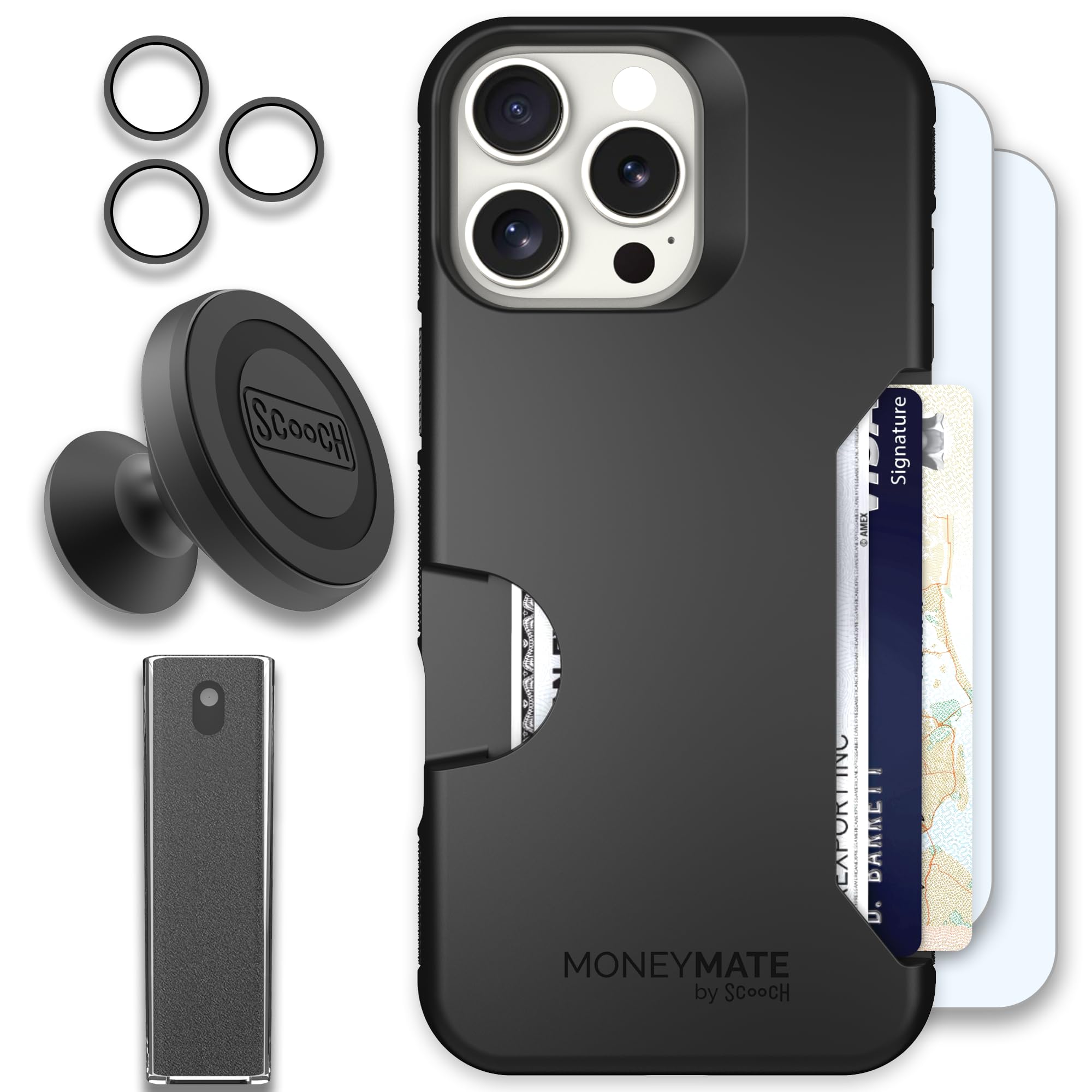 Scooch for iPhone 16 Pro Max Case with Card Holder, Moneymate [Defender Bundle] with 2 Screen Protectors, Camera Protector, Wingmount, Mounting Card,