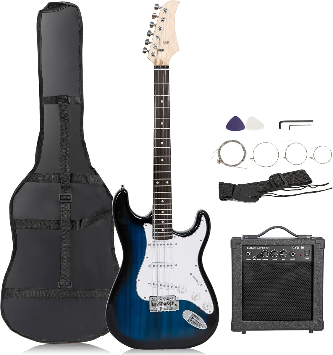 39" Electric Guitar Beginner Kit Full Size Blue Guitar with 10W Amp, Case and Accessories Pack for Starter (Blue)