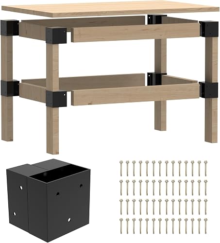 Workbench Bracket Kit 8PCS, Fits 2x4(Actual 1.5"x3.5") Wood | Heavy Duty Metal DIY 3-Way Brackets for Garage Workbench Shelving Work Table Legs Brackets, Lumber Not Included
