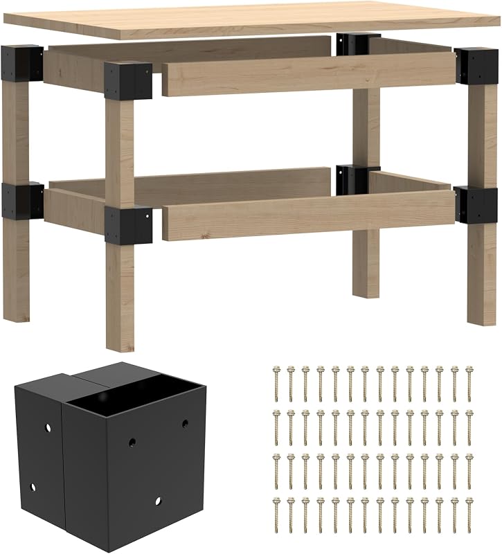Workbench Bracket Kit 8PCS, Fits 2x4(Actual 1.5"x3.5") Wood | Heavy Duty Metal DIY 3-Way Brackets for Garage Workbench Shelving Work Table Legs Brackets, Lumber Not Included