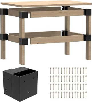 Workbench Bracket Kit 4PCS, Heavy Duty 3-Way Brackets for Garage Workbench Legs Bracket, Metal DIY Workbench Kit for Shelving, Work Table, Fits 2x4Actual 1.5"x3.5"Wood, Lumber Not Included