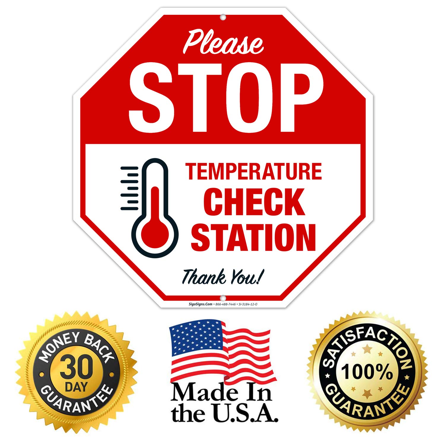 Getue Stop Temperature Check Station Sign, Social Distancing Sign, 12x12 Inches, Rust Free .040 Aluminum, Fade Resistant, Easy Mounting, Indoor/Outdoor Use, Made in USA by SIGO Signs