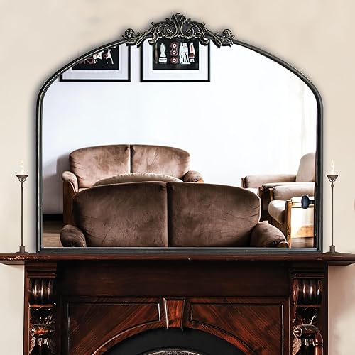 Miniatura 8 de Espejo arqueado negro para pared, decoración de espejo de chimenea barroco, espejo de pared de latón, espejo adornado para entrada, baño, sala de