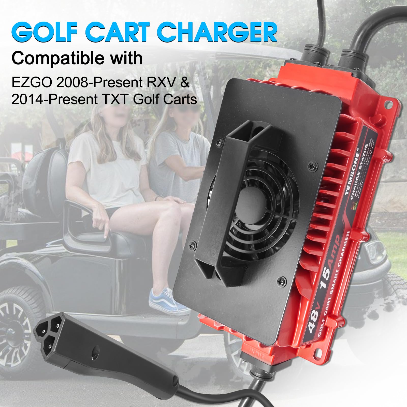 48 Volts 15 AMP Golf Cart Battery Charger Triangle 3-Pin Style Plug Club Cart Charger with Temp Sensor, Portable 48V Golf Cart Charger Compatible with 2008-Present EZGO RXV & 2014-Present TXT