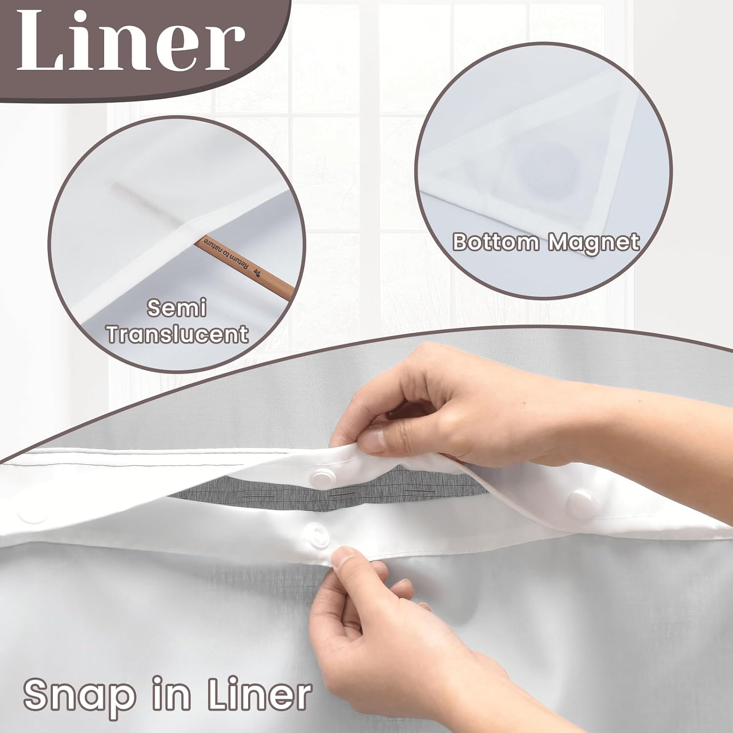SORTTO No Hook Slub Textured Shower Curtain with Snap in Liner - Grey Fabric Outer Curtain & Waterproof Inner Liner, Hotel Style with See Through Top Window, 71x74 in thumbnail