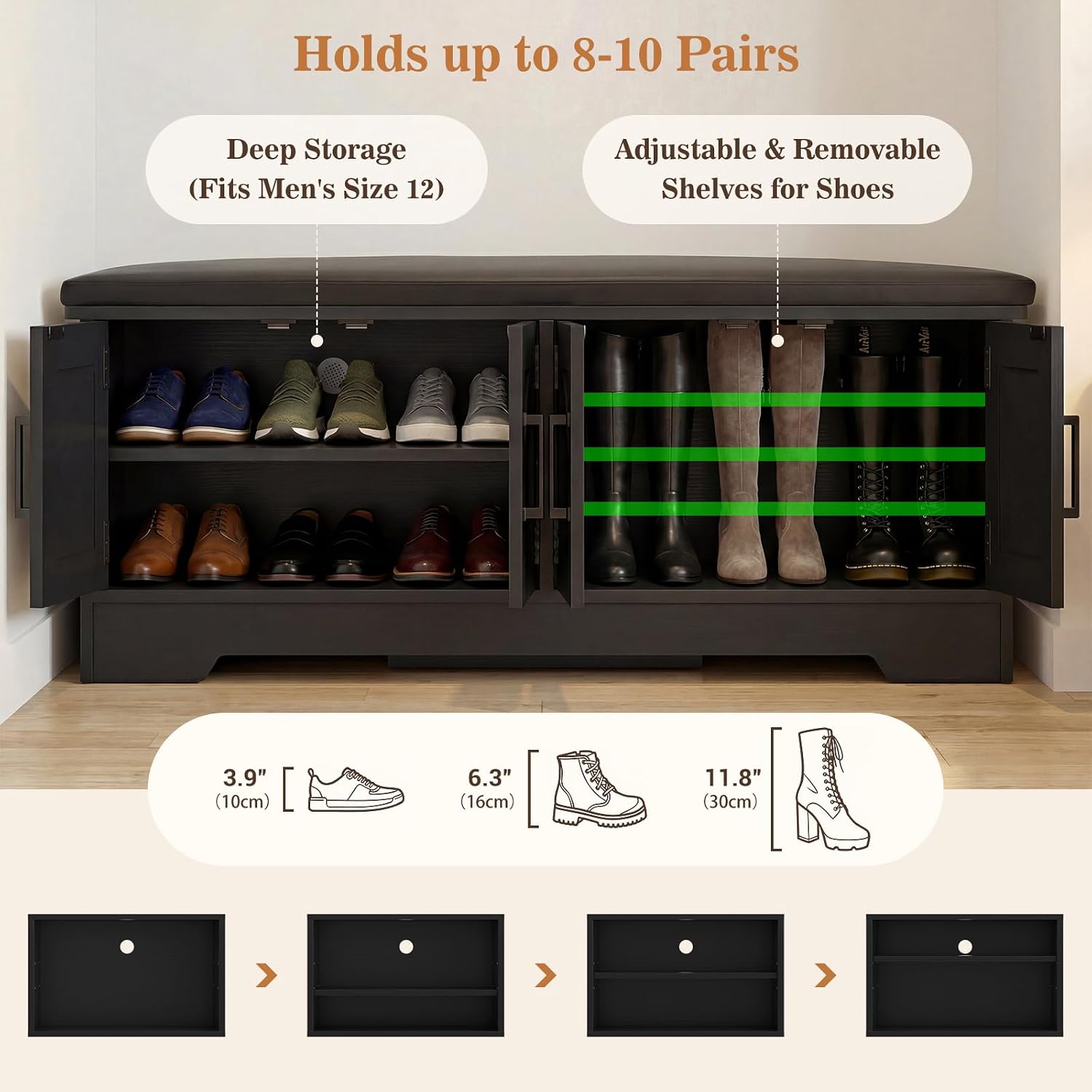 Farmhouse Shoe Storage Bench with Cushion - 43.3" Entryway Bench with Storage & 4 Barn Doors, 2-Tier Wooden Shoe Rack Bench, Hidden Shoe Cabinet & Mudroom Bench for Bedroom Hallway Living Room, Black