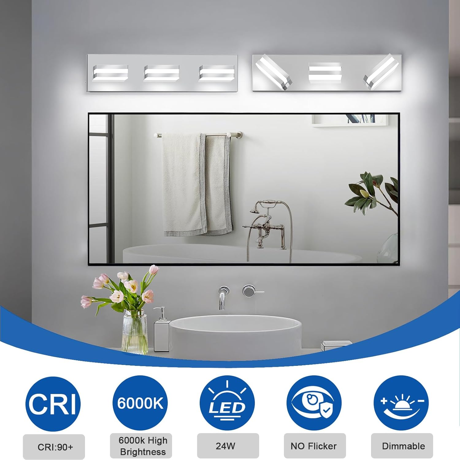 IZORRO LED Modern Bathroom Lights Fixtures(3-Light,Dimmable,360°Rotate),Chrome Acrylic Wall Lighting,Vanity Lights for Bathroom Over Mirror - 6000k 16In （No Assembly Required）
