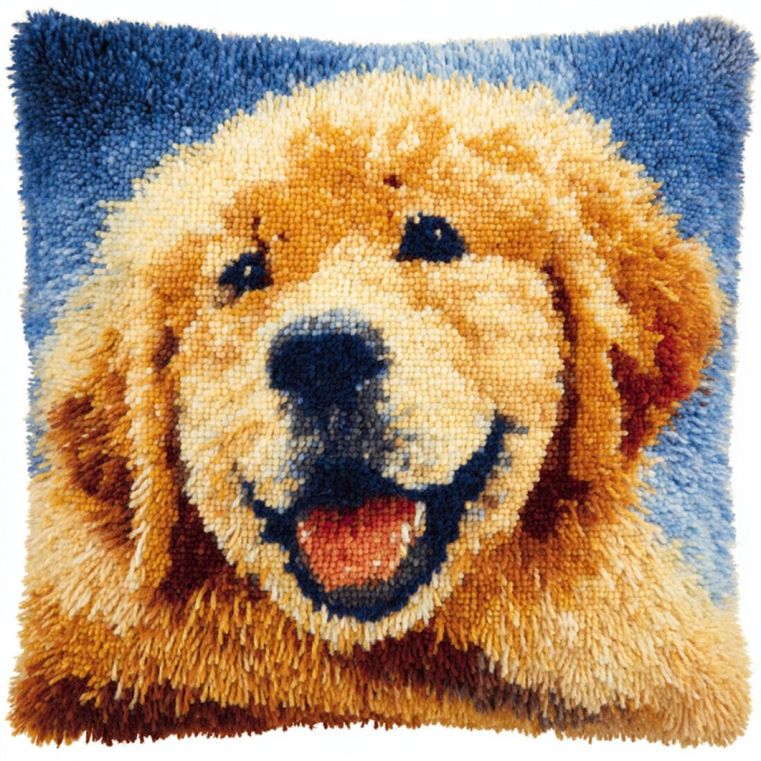 Kitquiver Animal Latch Hook Craft Kits Golden Retriever Portrait Cushion Pillow Front Chunky Cross Stitch Kits DIY Embroidery Needlepoint Kit for Home Décor 17x17In