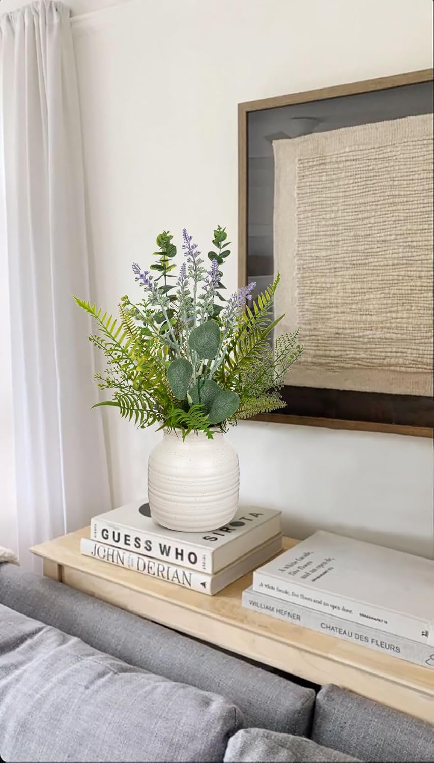 Artificial Eucalyptus & Lavender Arrangement in Ceramic Vase - 15.4" Faux Lavender Fern Leaves Plant Decor Fake Flowers Artificial Greenery in White Vintage Vase for Centerpieces Home Kitchen Decor