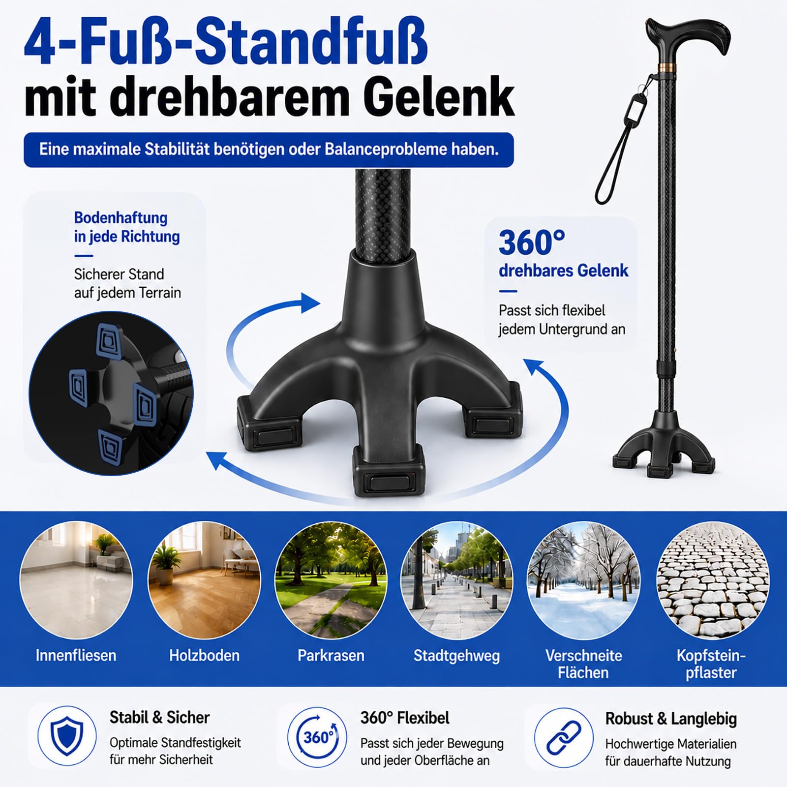 Faltbarer Aluminium Gehstock mit 2 Basen 10-stufig verstellbar 62–97cm | Zusammenklappbarer Gehstock für Senioren Erwachsene mit Doppelboden 100kg Tragkraft, ergonomischer Griff & Handgelenksband