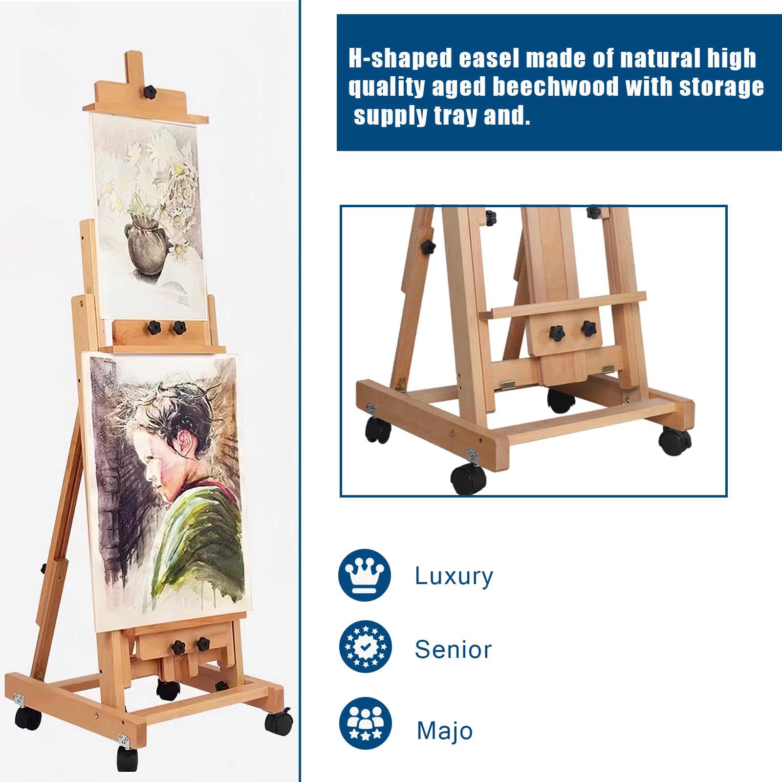 Caballete de madera de haya regulable en altura, 143-232 cm, caballete de pintura con modo plano y 4 ruedas de freno, caballete para lienzo, taller, curso de pintura y exposición