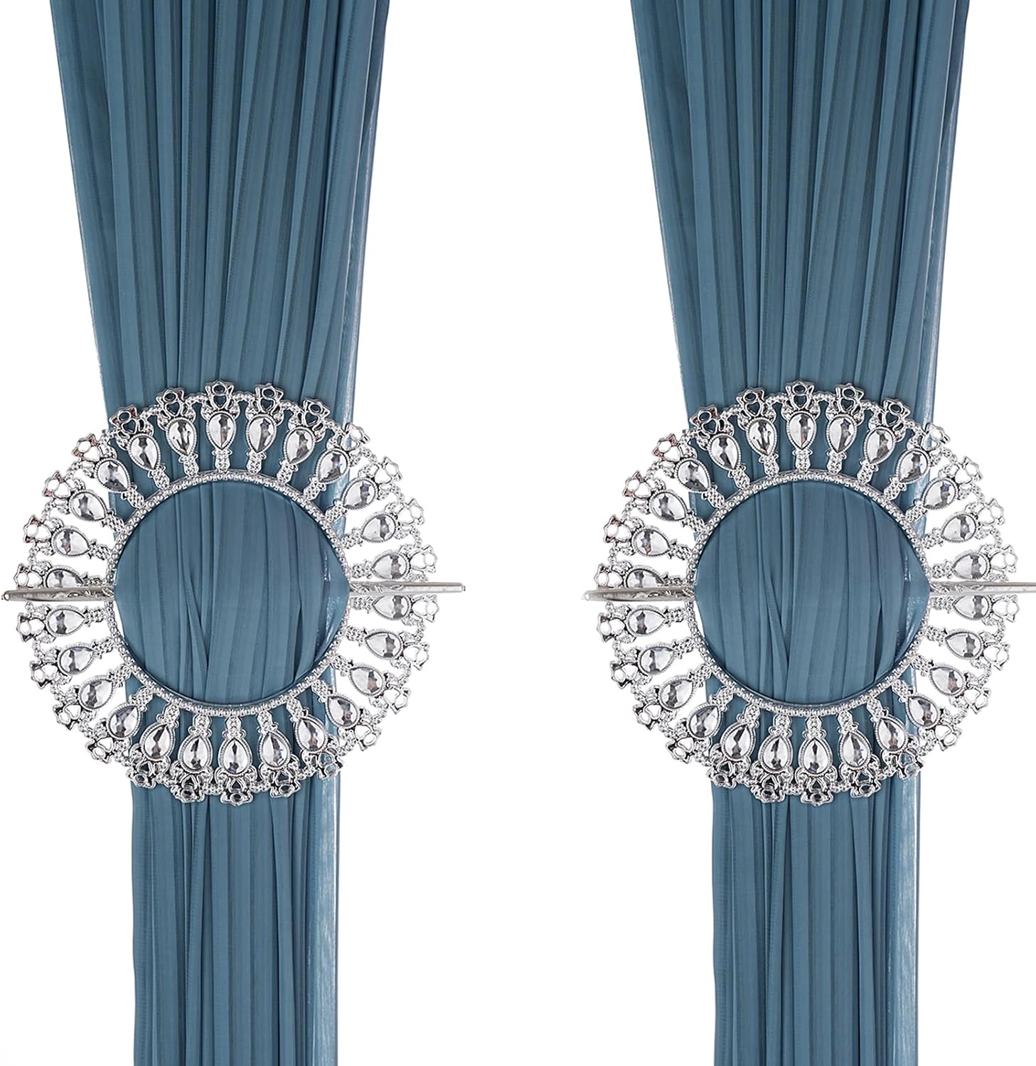 2 Pack Shiny Curtain Tiebacks Luxury Curtain Holdbacks Plastic Curtain Clips Buckle Drapery Holdbacks Crystal Drapery Tiebacks for Window Decoration, with Fixing Rod (26 Crystals, Gold) (Silver)