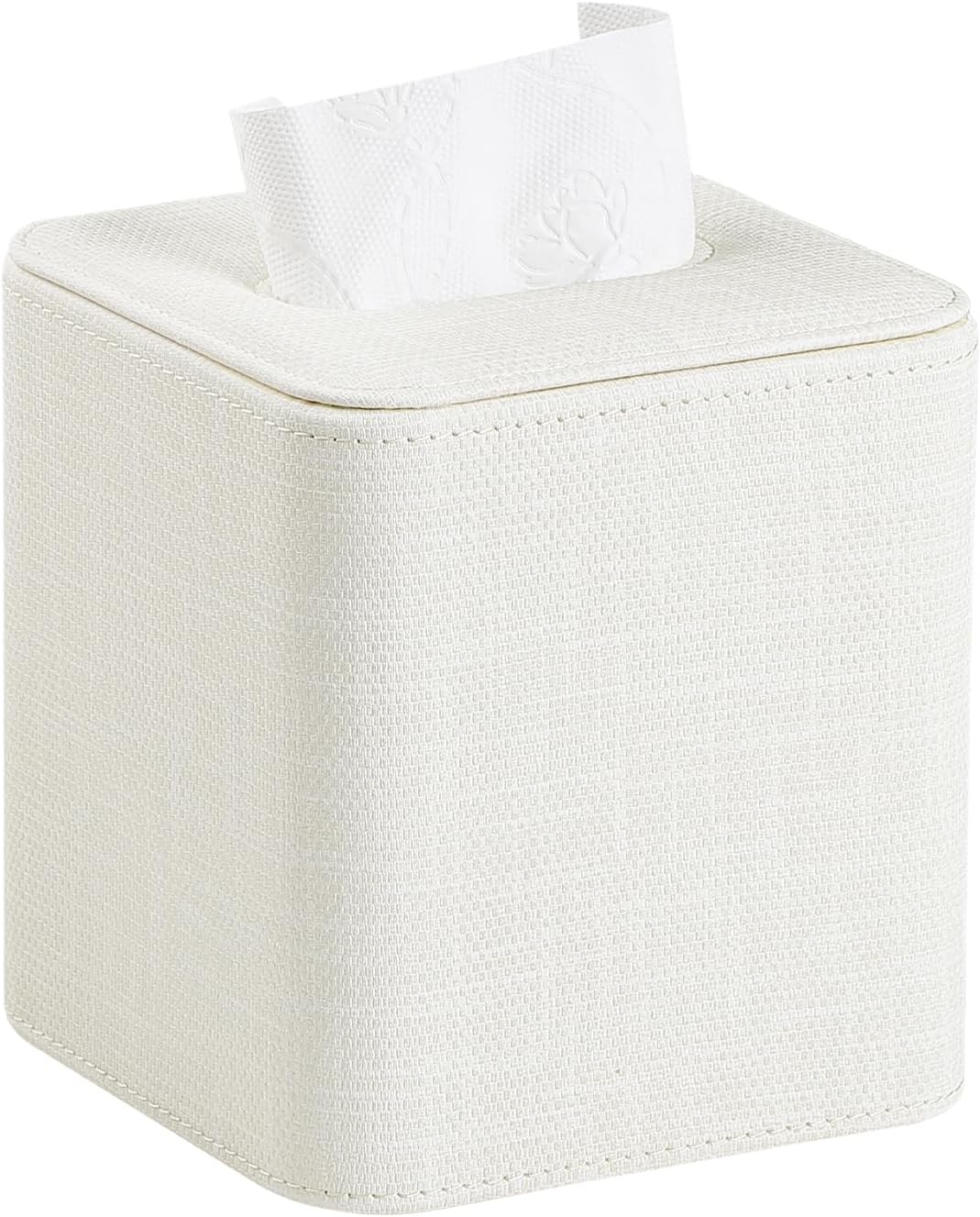Square Tissue Box Cover with Magnetic Closure, Modern PU Leather Tissue Box Holder for Bathroom Vanity Countertop Night Stands Bedroom Office Desk, Stylish Cube Tissue Holder (Cream)
