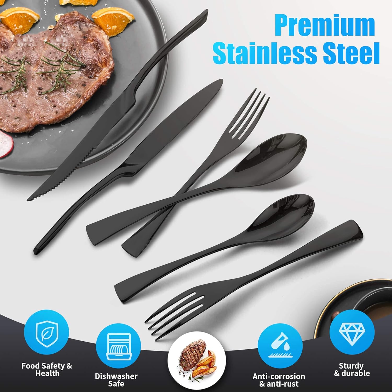 Lemeya 24 Pieces Black Silverware Set with Steak Knives,Heavy Duty 18/10 Stainless Steel Flatware Set with Forged Stand Knives,Modern Cutlery Utensil Set,Mirror Polished,Dishwasher Safe