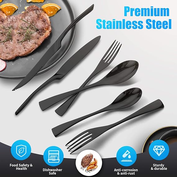 Lemeya 24-Pieces Black Silverware Set with Steak Knives,Heavy Duty 18/10 Stainless Steel Flatware Set for 4,Modern Cutlery with Forged Stand Knives,Mirror Polished,Dishwasher Safe