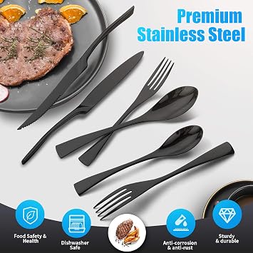 Lemeya 24-Pieces Black Silverware Set with Steak Knives,Heavy Duty 18/10 Stainless Steel Flatware Set for 4,Modern Cutlery with Forged Stand Knives,Mirror Polished,Dishwasher Safe