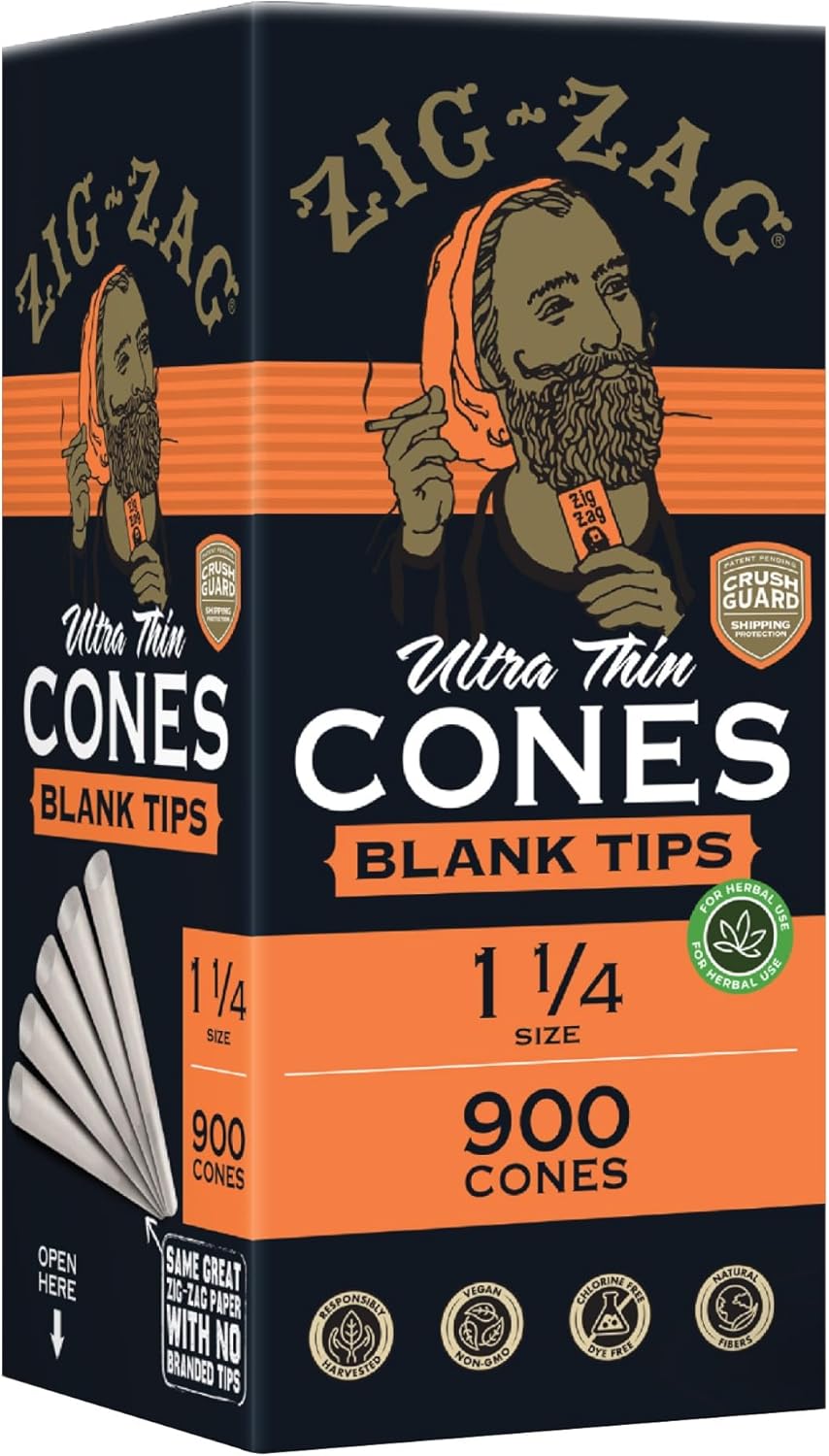 ZIG-ZAG Blank Tip Pre Rolled Cone 1 1/4 Size Ultra Thin Bulk Pack (900 Cones) - 84 mm