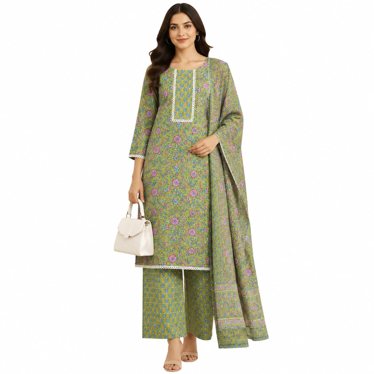 Women’s Aqua Blue Floral Printed Kurta Pant Dupatta Set | Ethnic Pakistani Style Straight Kurti Suit for Women & Girls-image-13