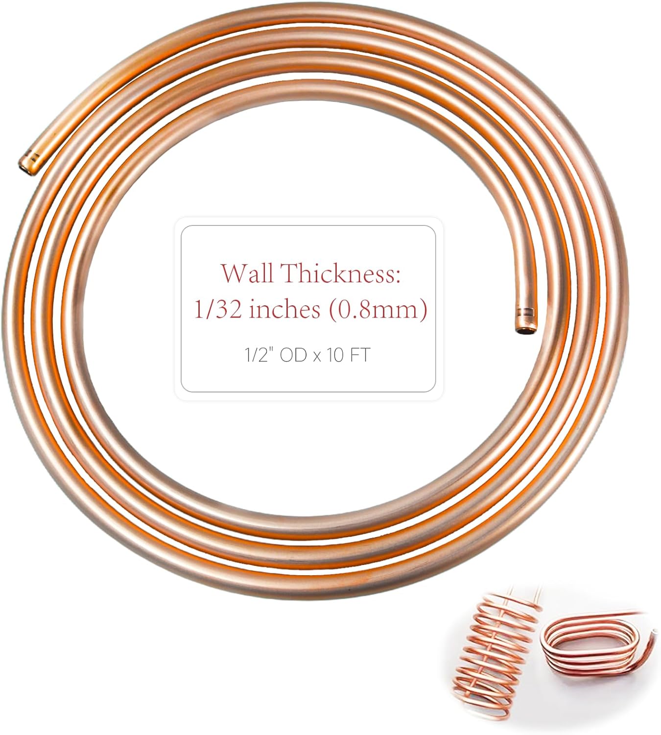 99.9% Copper Tube 1/2" OD x 7/16" ID 10 Ft, Tube Wall: 1/32", Refrigeration Seamless Round T2 Pure copper tubes, Soft Coil Copper Tubing, Used In Refrigerators, Air conditioners, DIY project...