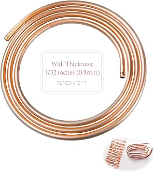 99.9% Copper Tube 1/2" OD x 7/16" ID 10 Ft, Tube Wall 1/32", Refrigeration Seamless Round T2 Pure copper tubes, Soft Coil Copper Tubing, Used In Refrigerators, Air conditioners, DIY project...
