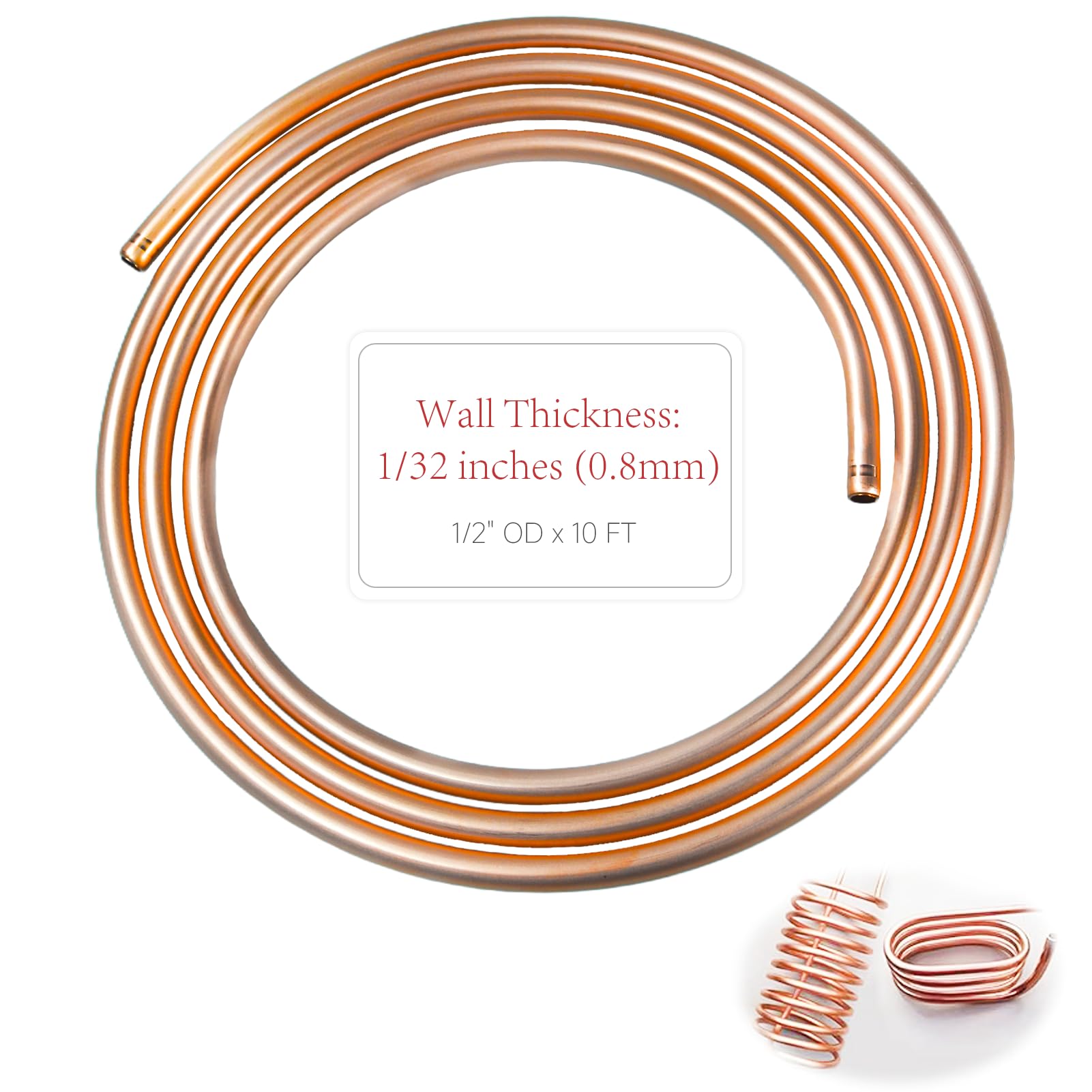 99.9% Copper Tube 1/2" OD x 7/16" ID 10 Ft, Tube Wall: 1/32", Refrigeration Seamless Round T2 Pure copper tubes, Soft Coil Copper Tubing, Used In Refrigerators, Air conditioners, DIY project...