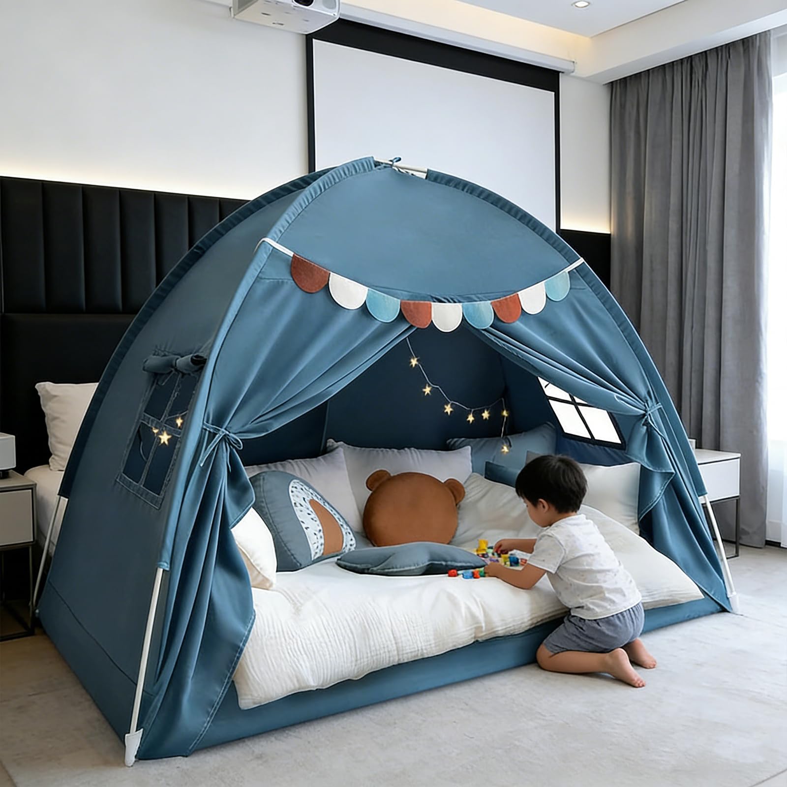Kinderzelt Indoor,Zelt Kinderzimmer Mits Buntens Fahnen,Tipi Zelt für Kinder,Spielzelt Kinder Indoor,Faltbars Spiels Haus für Gartens Campings (G-Blau-[194x98x120cm])