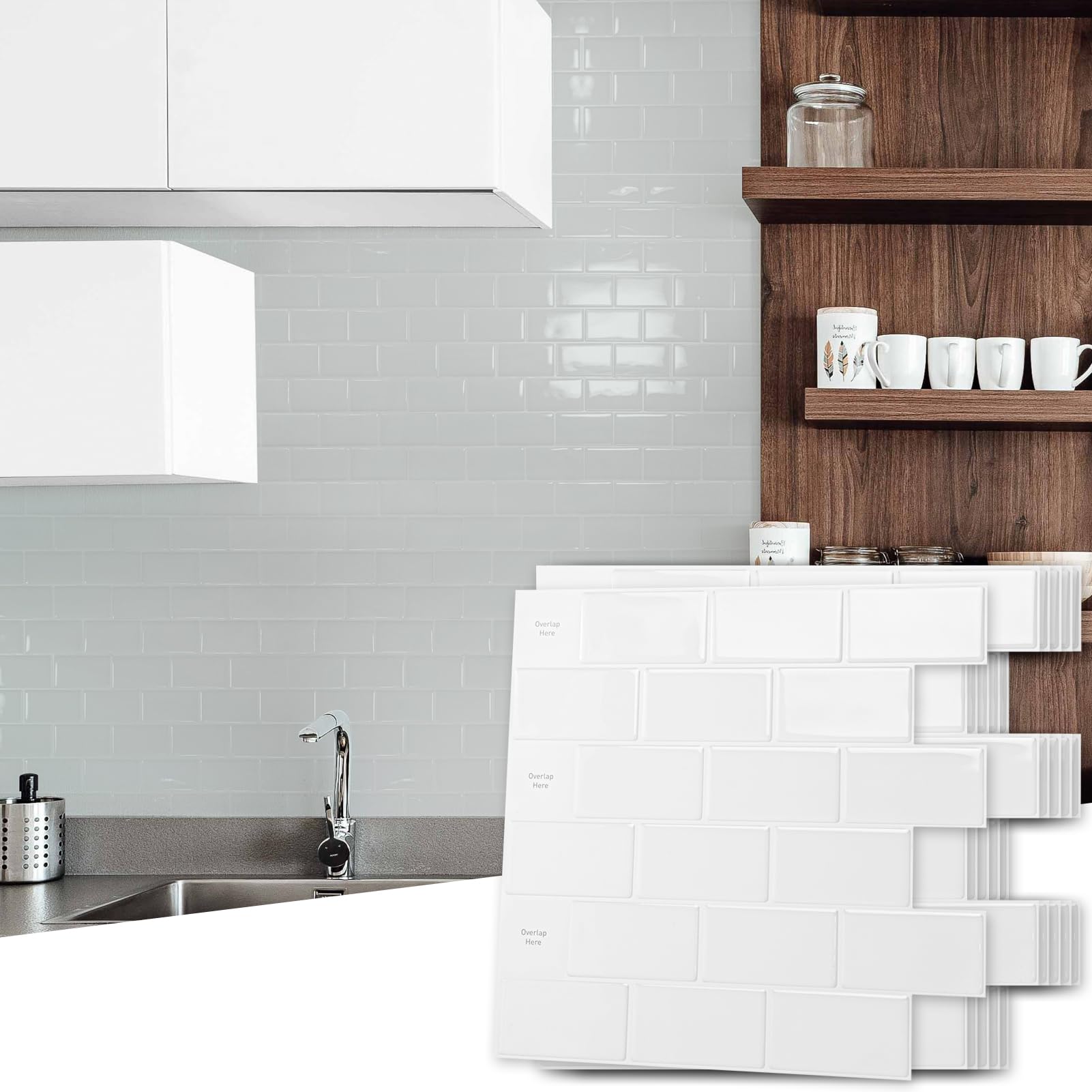 Art3d 10-Sheet Peel and Stick Backsplash Tile for Kitchen, Textured Self-Adhesive Subway Wall Tile for Kitchen Bathroom Laundry Room, Enhanced Backing Adhesion & Thicker Design - 12"x12" White