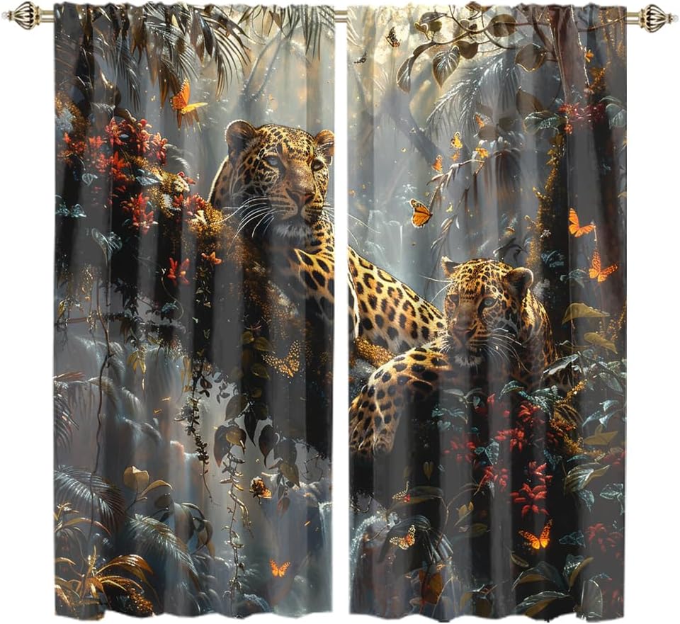 Watercolour Tropical Forest Leopard Blackout Curtains,Modern African Jungle Wildlife Leopard Florals Butterfly Window Treatments Rod Pocket Blackout Curtains for Bedro-2 Panels 63"L x 31.5"W