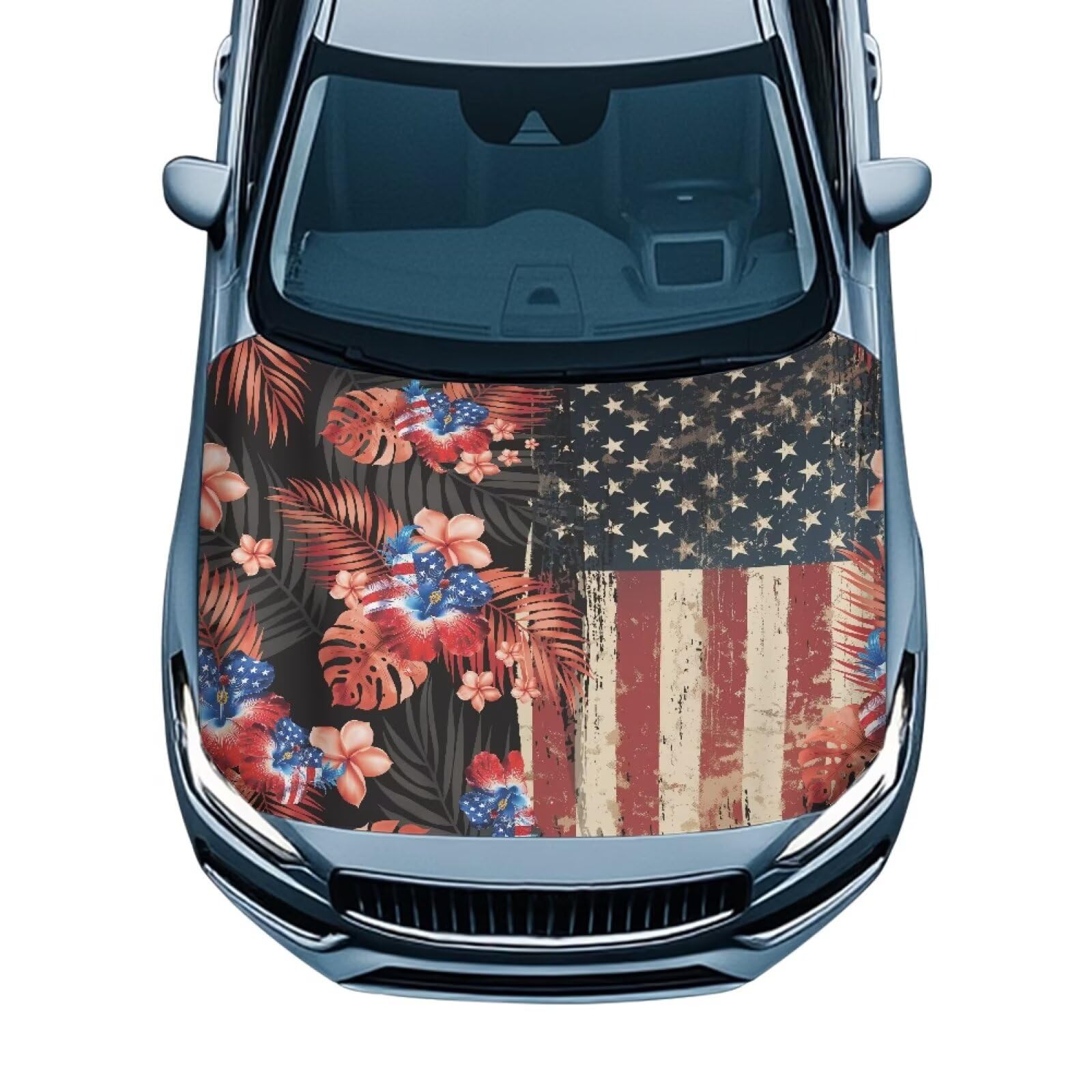 Retro American Flag Front Hood Covers for Cars Hibiscus Car Hood Cover for Women Car Hood Cover Wrap Auto Decor Adjustable Automotive Hood Covers for Cars Sedan Accessories, 4th of July