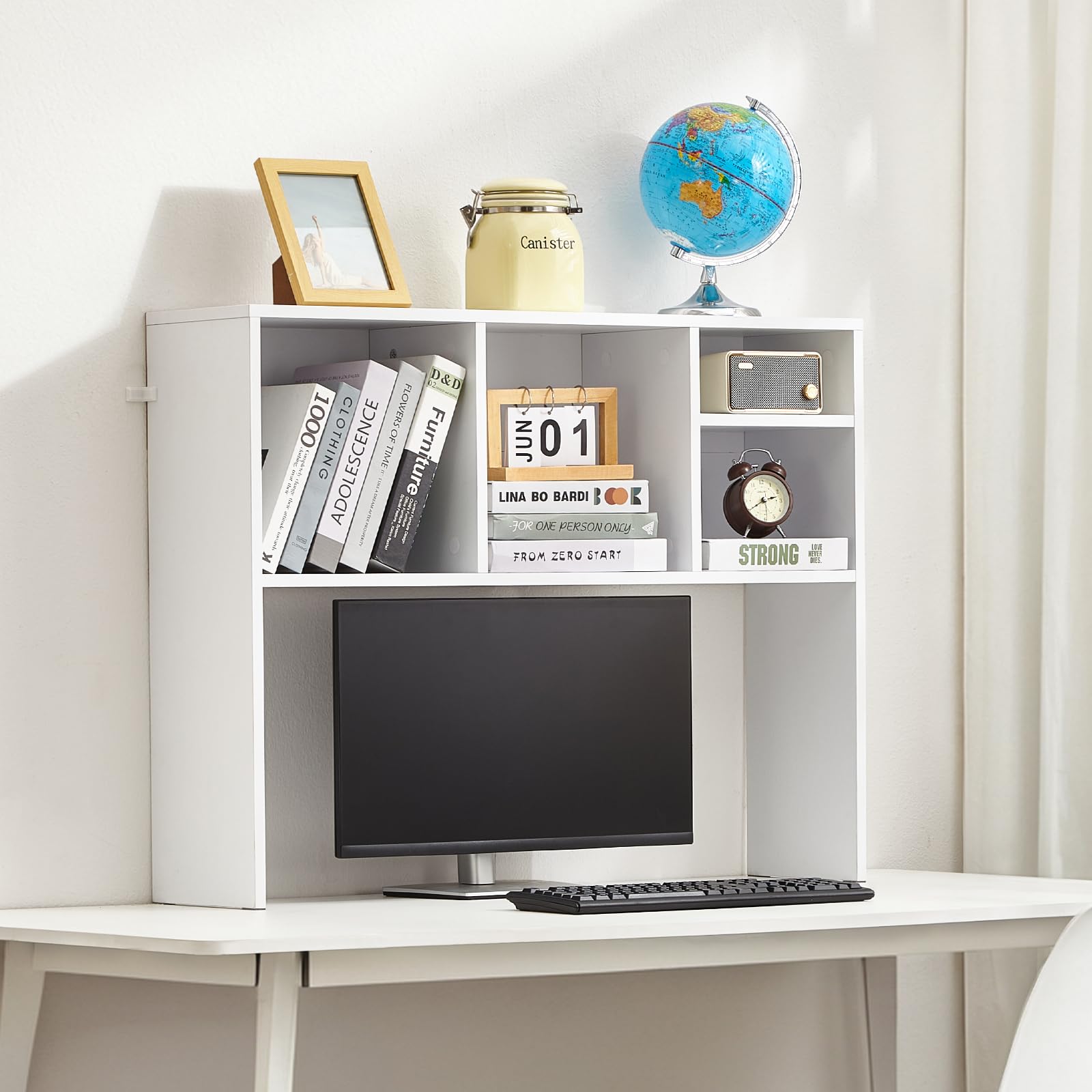 VEVOR Libreria da Scrivania, Organizer per Oggetti da Scrivania 1 Livello, Scaffale per Esposizione in Legno per Ufficio, Libreria con Piedini Antiscivolo, per Ufficio Casa, 94 x 24 x 73 cm Bianco