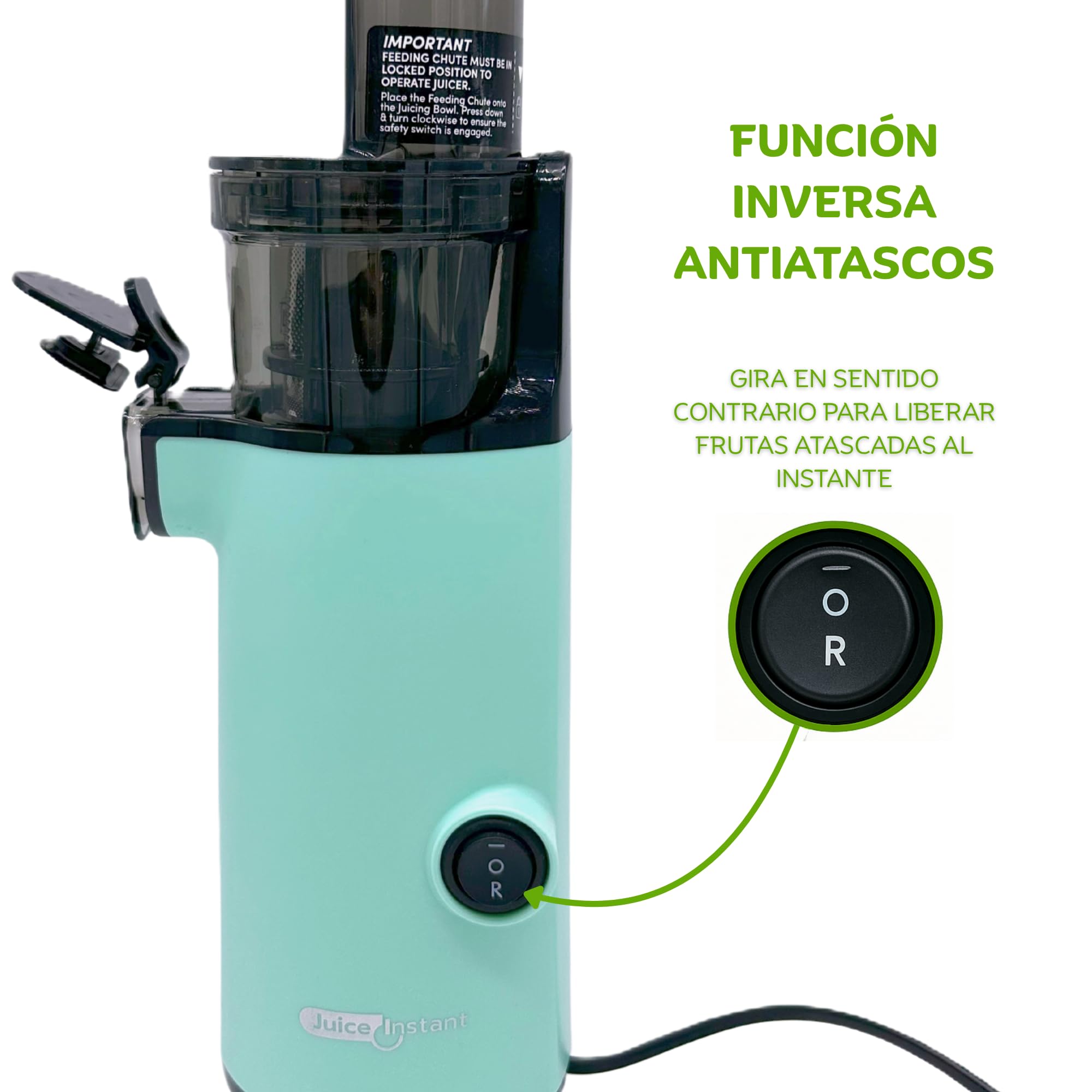 JuiceInstant - Extractor de zumos compacto para frutas y verduras, prensado en frío, exprimidor eléctrico sin BPA, 130W, con tamiz, antigoteo, licuadora lenta que conserva vitaminas (Agua)