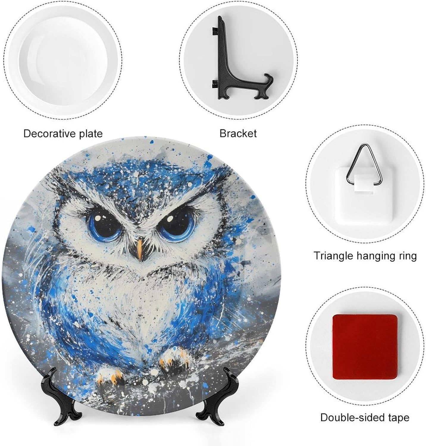 Blue Ink Art Owl Decorative Plates for Display Ceramic Plate Tray with Stand Hanger Home Decor
