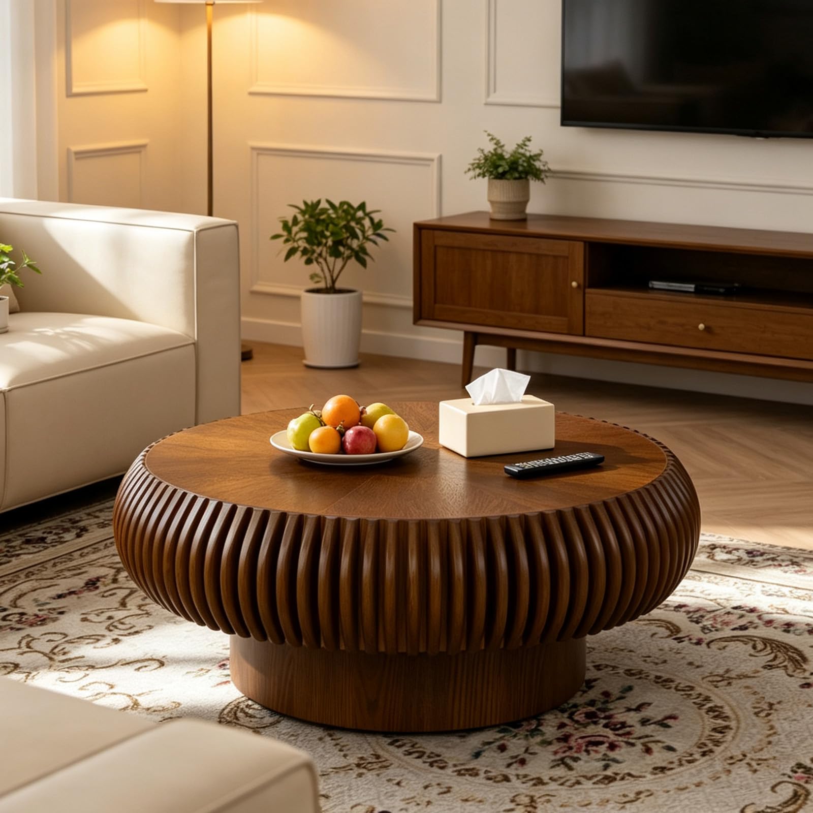 FeiZhiYanS Mid-Century Round Fluted Coffee Table for Living Room