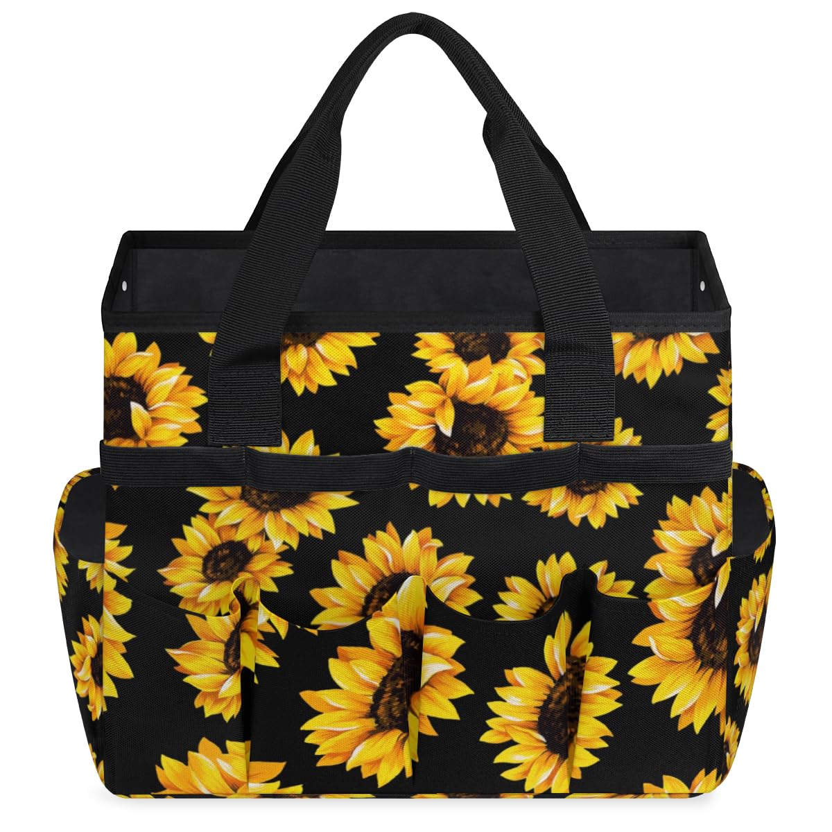 Sunflowers Black Garden Tool Tote Bag for Women Men Gardening Tool Storage Bags with 10 Pockets Standable Garden Home Tool Kits Organizer for Indoor Outdoor Gardening Gifts
