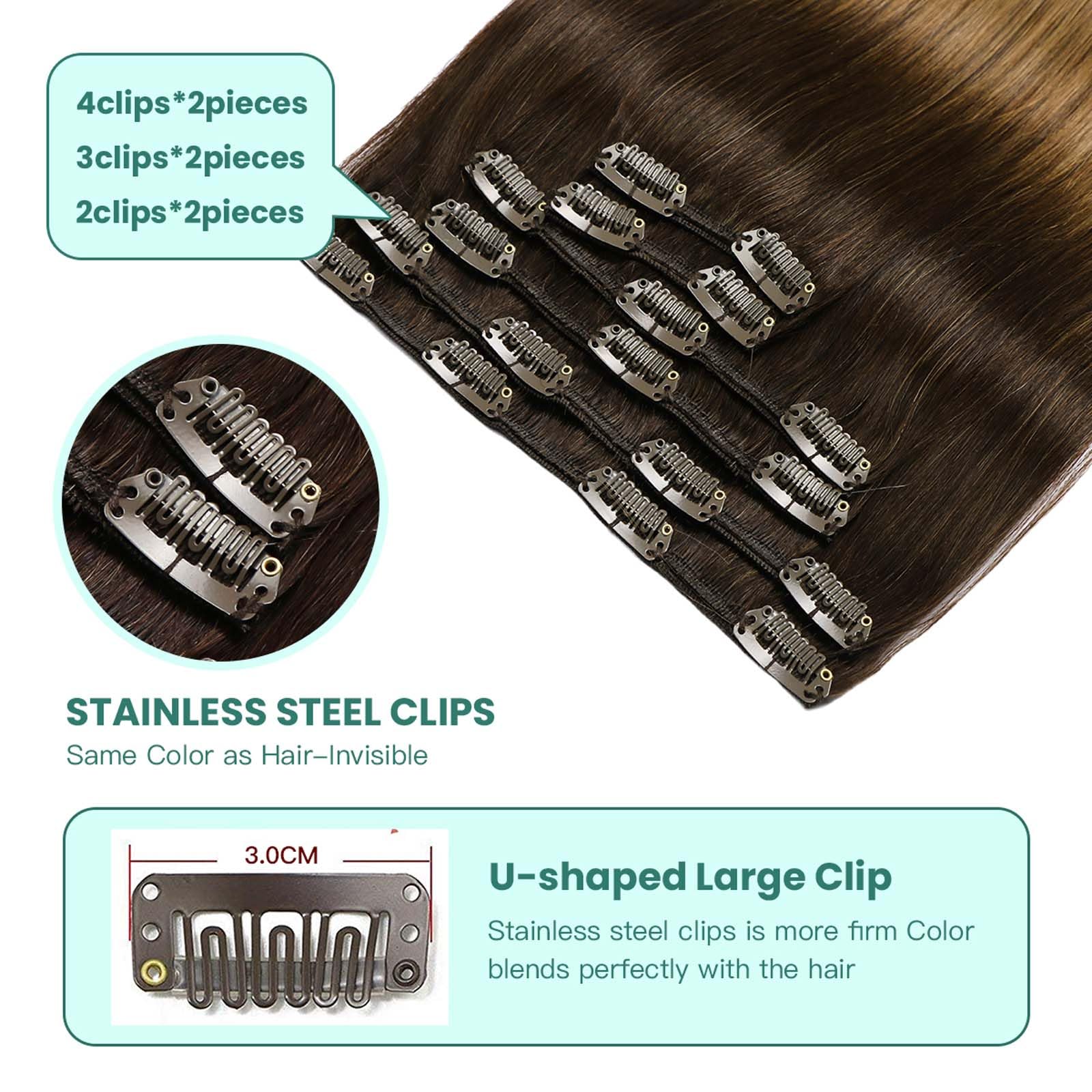 VINBAO Extension Clip Capelli Veri, Naturali Da Castano Più Scuro a Biondo Sporco Extension Capelli Veri Clip, 50cm Remy Umani Naturali Capelli Extension con Clip 120g 6pcs (#C2/6/18, 20'')