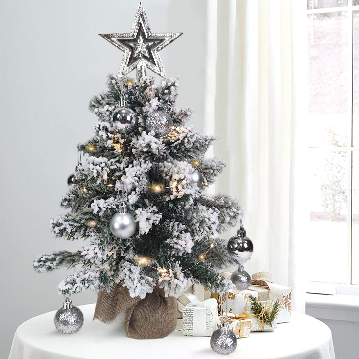 Mini Christmas Tree with Lights 2ft Small Tabletop Christmas Tree, Artificial Fake Arbol De Navidad with Decorations, Flocked LED White Xmas Tree with Snow (2FT (FBM))