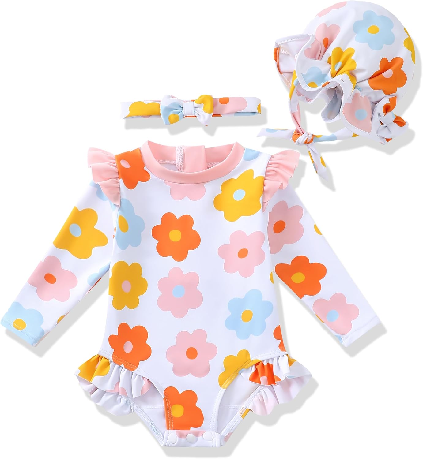 Renotemy Infant Baby Girls Swimsuit Toddler Bathing Suit Long Sleeve Zipper One-Piece Rash Guard Ruffle Swimwear with Hat