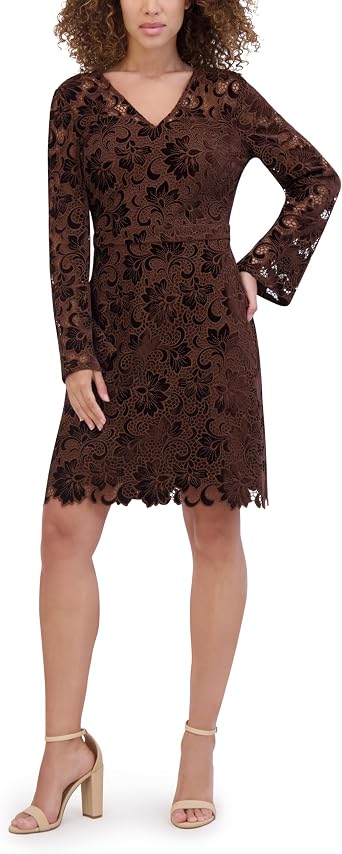 Kensie Womens Long Sleeve V-Neck Velvet Lace Mini Sheath Dress, Brown
