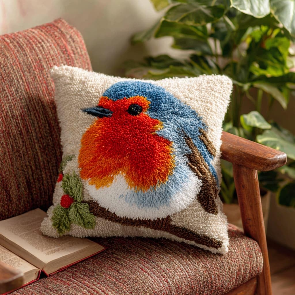 AxiangziK Latch Hook Pillow Kit 43x43cm,Robin