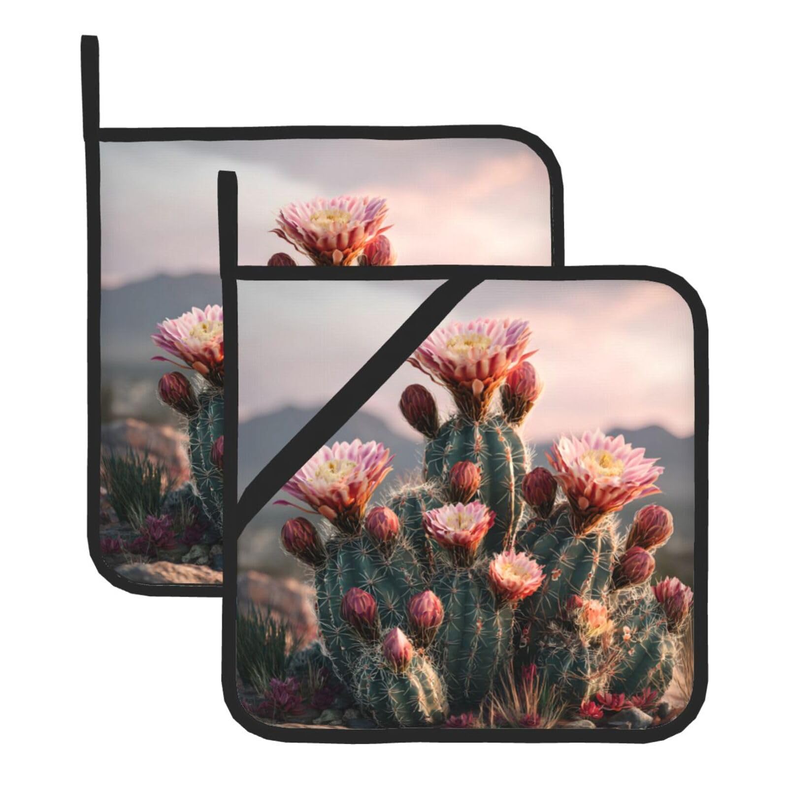 (Cactus Blooming) Oven Hot Pads Set of 2 Heat Resistant Pot Holders for Kitchen Cooking Baking BBQ