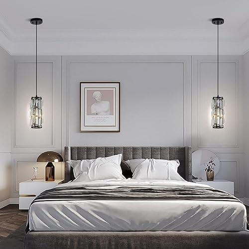 Miniatura 6 de Lámpara colgante negra moderna, mini lámpara colgante de cristal, lámpara colgante ajustable para cocina, comedor, dormitorio (paquete de 2 unidades)