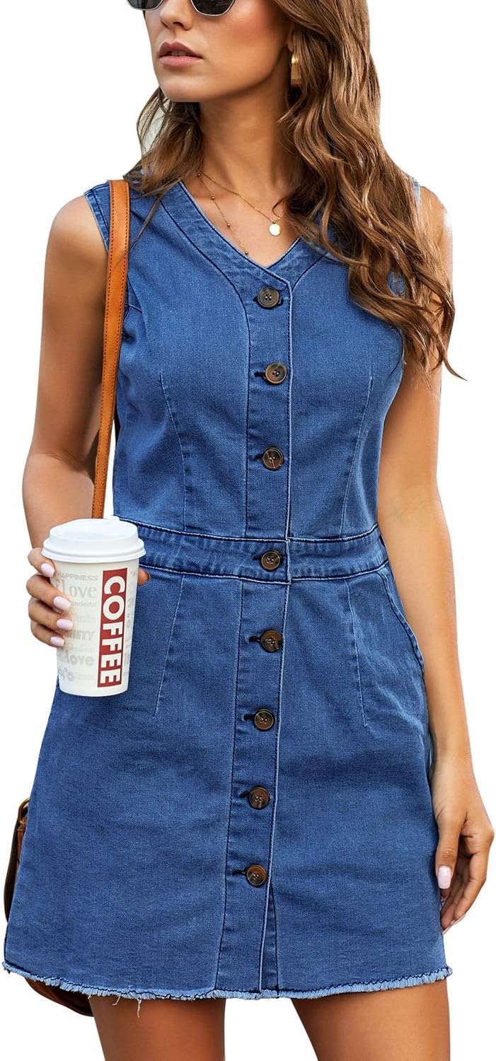 LookbookStore Women Sleeveless V Neck Button Down Frayed Hem Short Denim Dress - Image 4